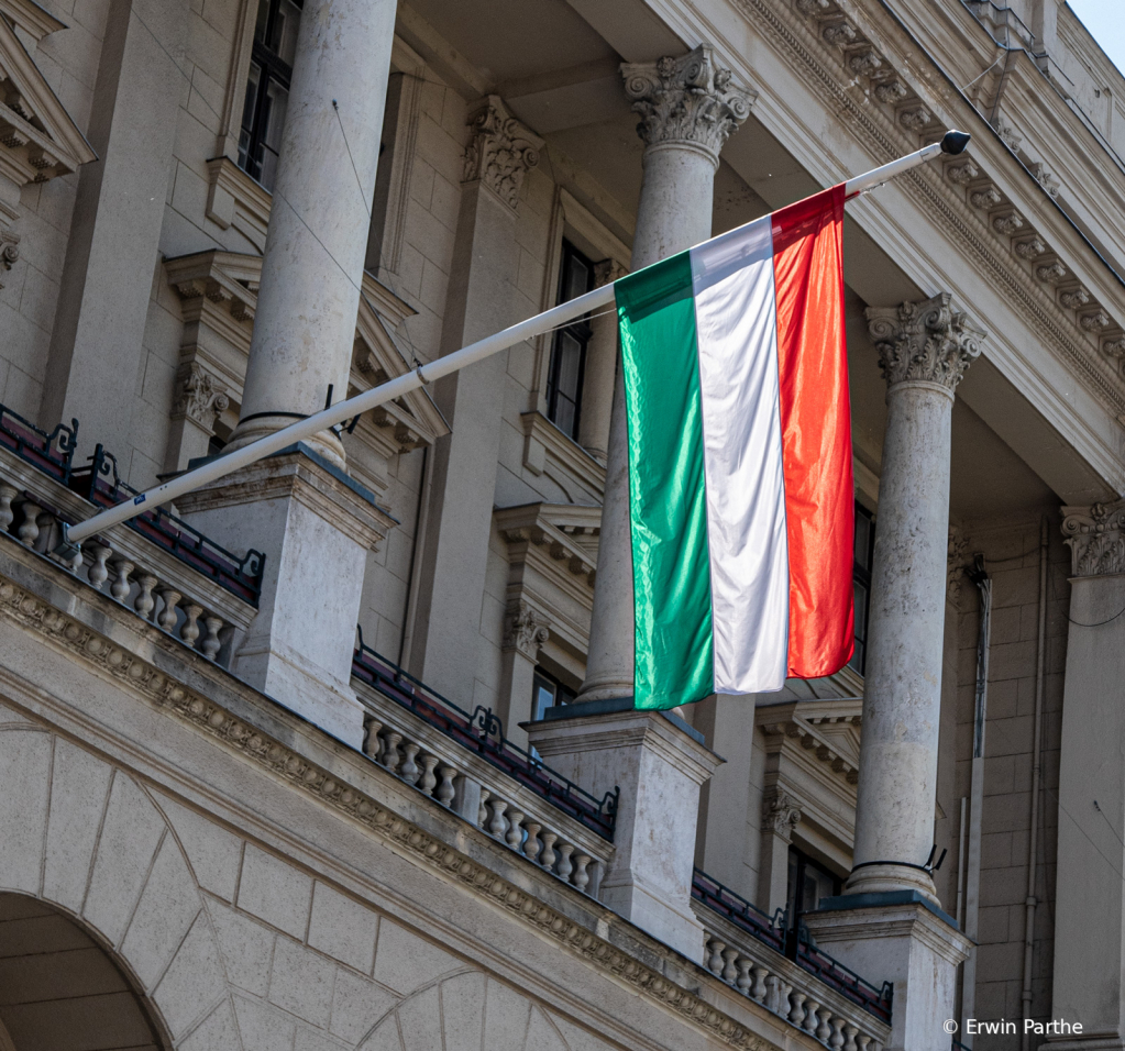 The Hungarian Flag in the sun.