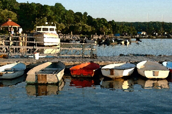 red boat in Northport Harbor 