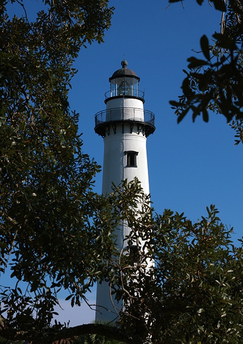 Lighthouse Through the Oak Trees