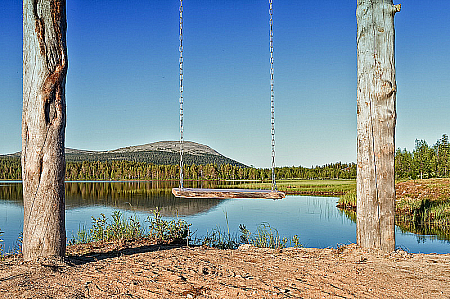 Wooden Swing By A Lake