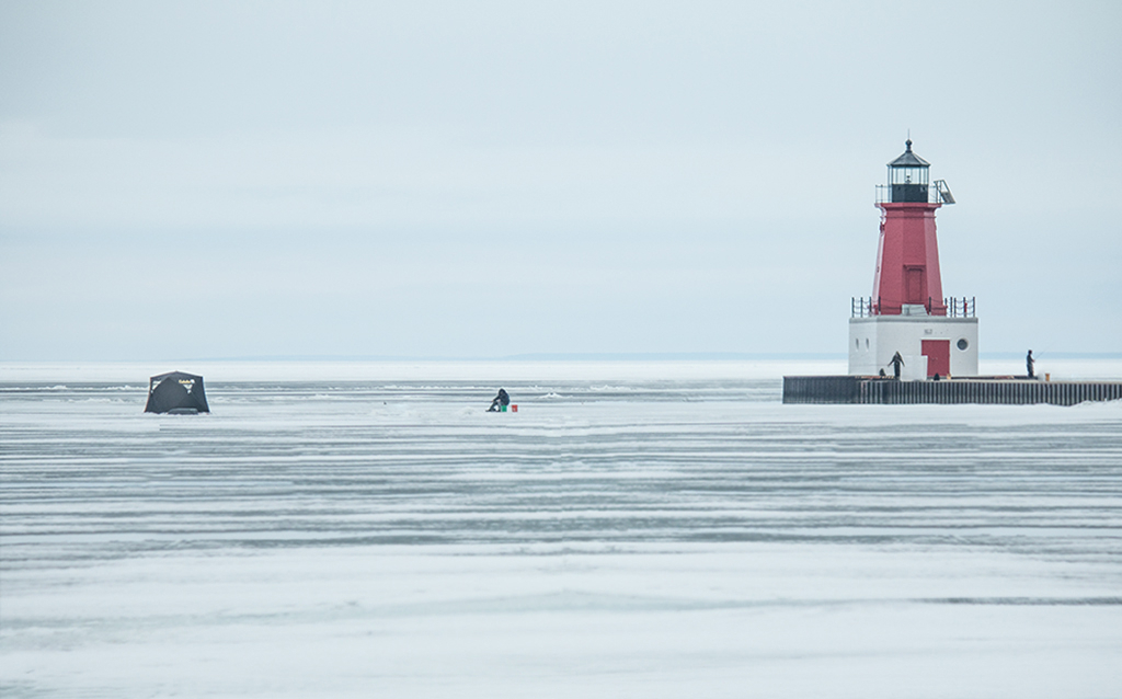Ice Fishing at the North Pier Lighthouse