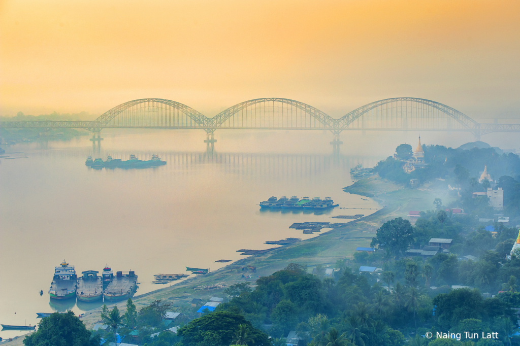 misty morning sagaing bridge