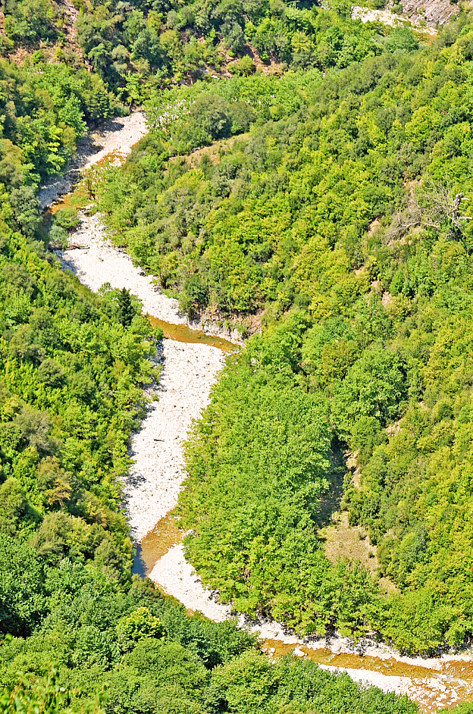 River flowing among forested slopes.