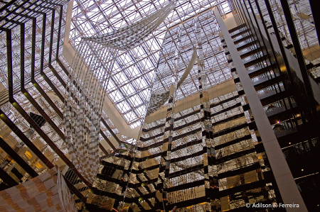 Looking up in the hotel lobby