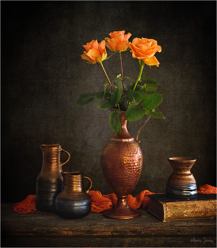 Orange Roses and Copper Vessels 