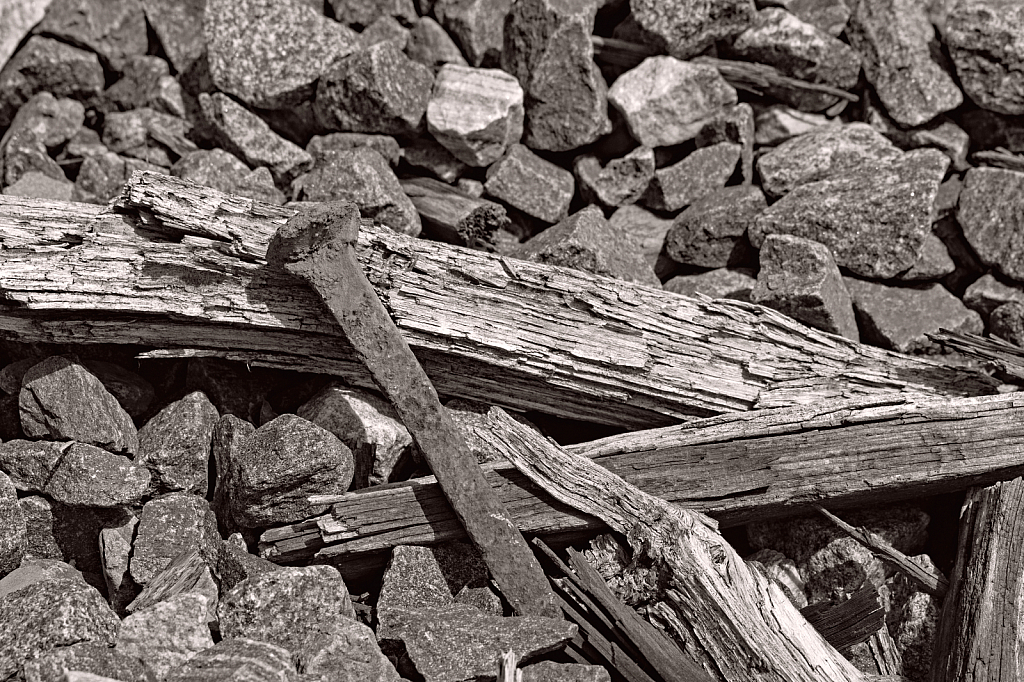 Railroad Track Debris in Black and White