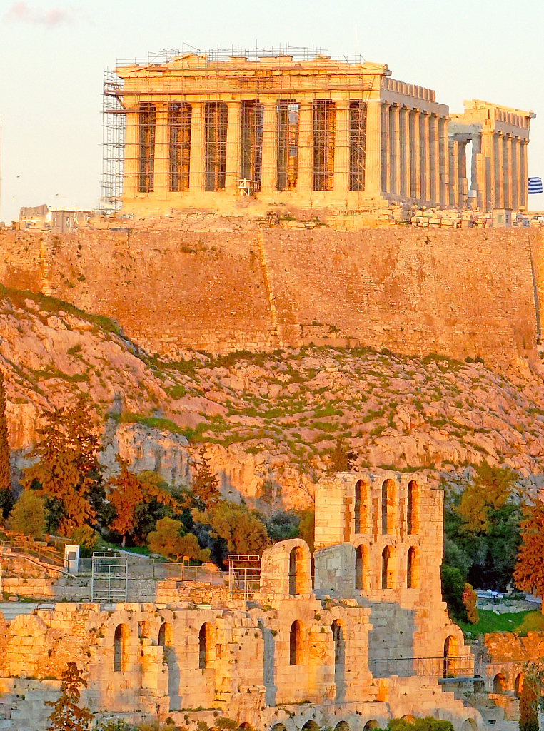 Acropolis Moonuments at sunset light.