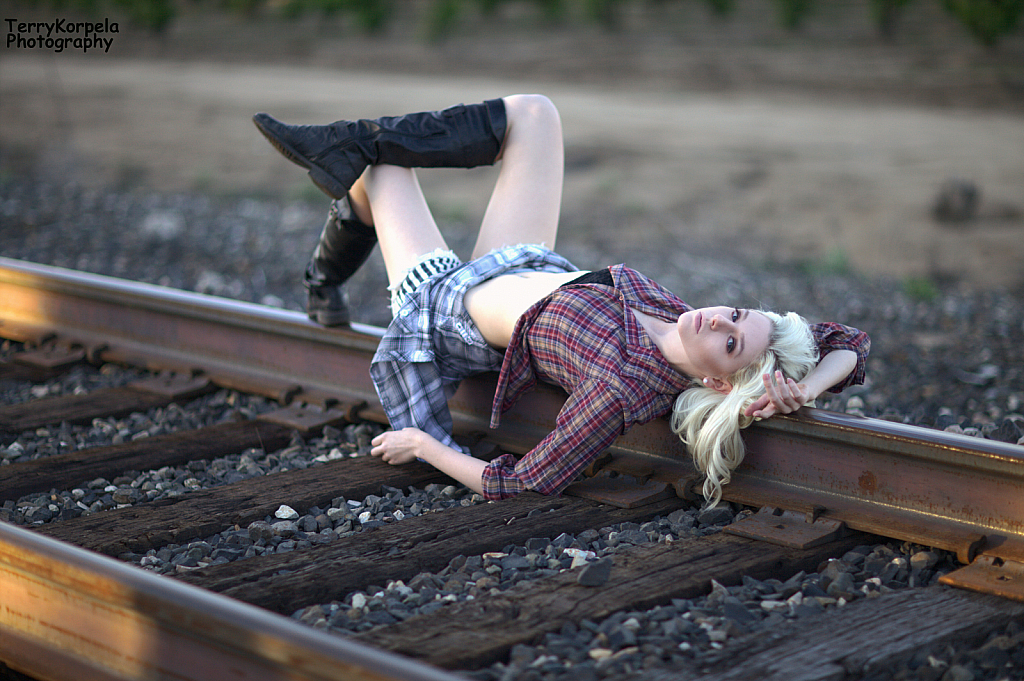 Gorgeous Blonde on Railroad Track