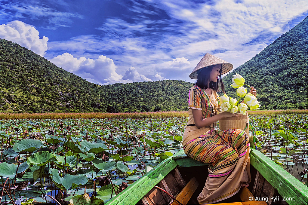 young girl in white lotus lake