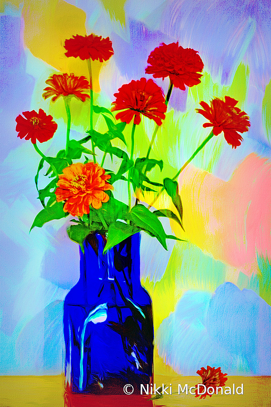 Zinnias in Blue Vase