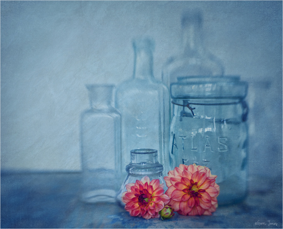 Vintage Bottles and Dahlias