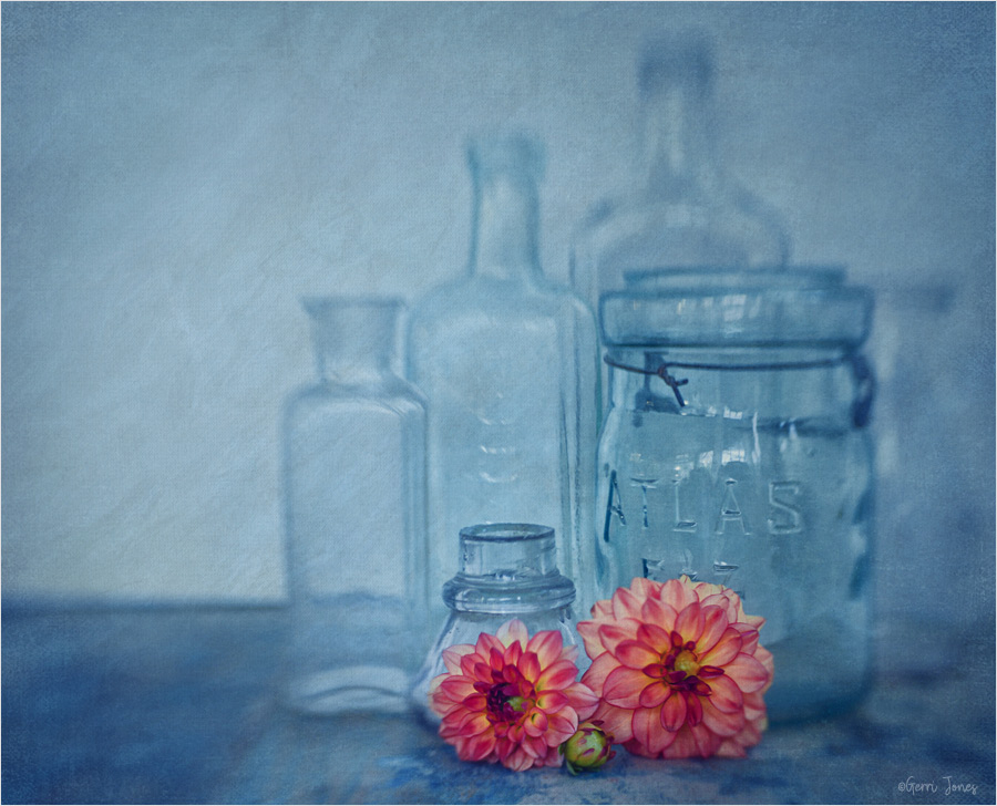 Vintage Bottles and Dahlias