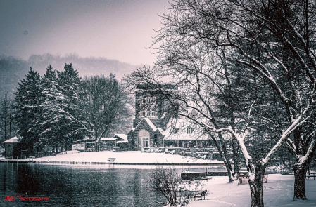 B&W Snowy Day at the Boathouse. 