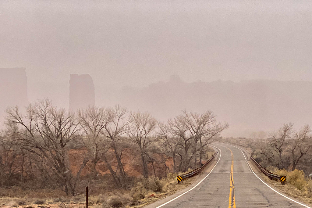 Snow squall ahead, Arches National Park 