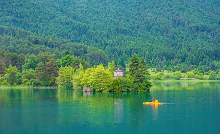 Old church at the lake's serenity.