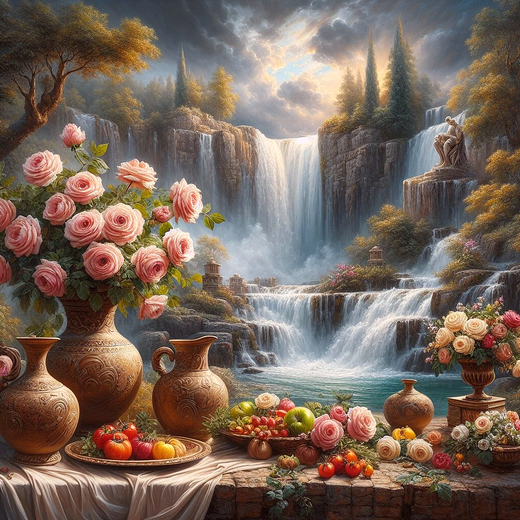 Waterfall and still life