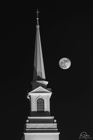 Moon and Steeple in B&W