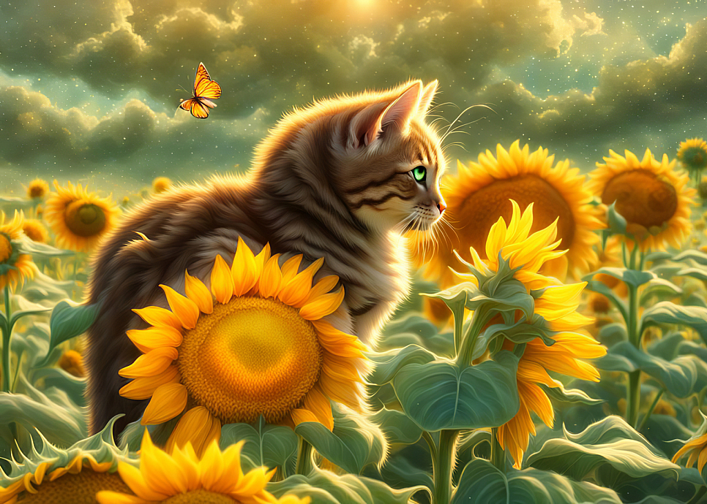 Cat and Sunflowers