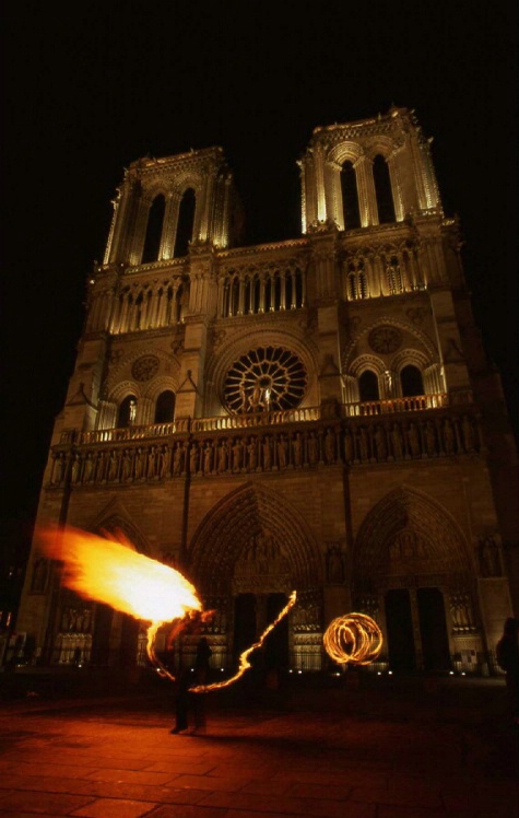 Notre Dame with Fire Performers - Paris