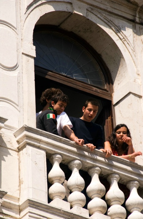 Students checking out canal traffic below