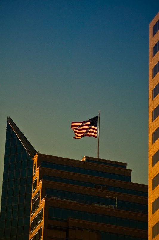 Renaissance Tower Flying Old Glory at Dawn