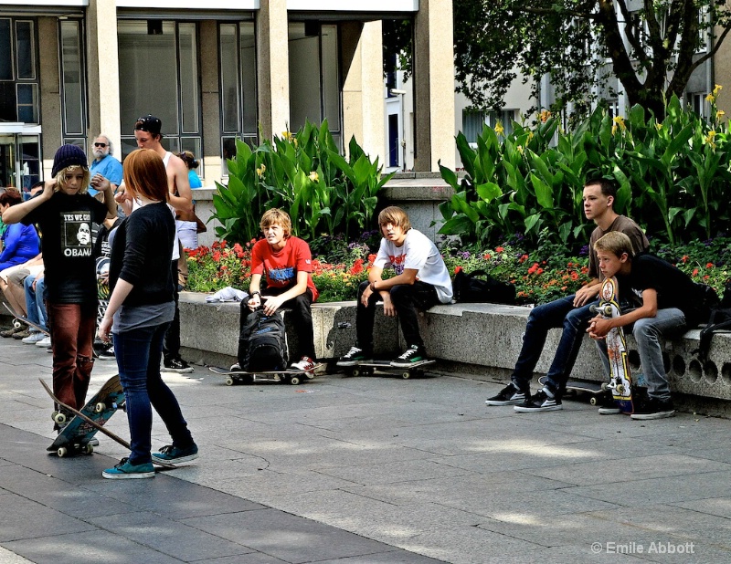 Skaters boarders watching skaters