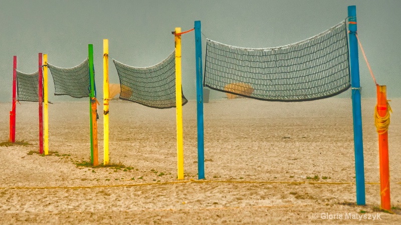 Volleyball nets on a foggy morning