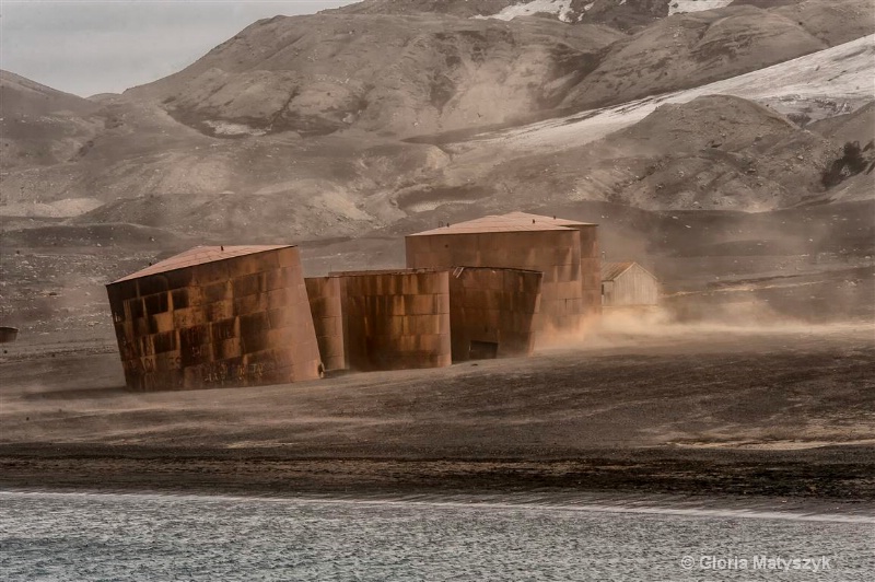 Whaling port & rusted storage tanks,Antarctica