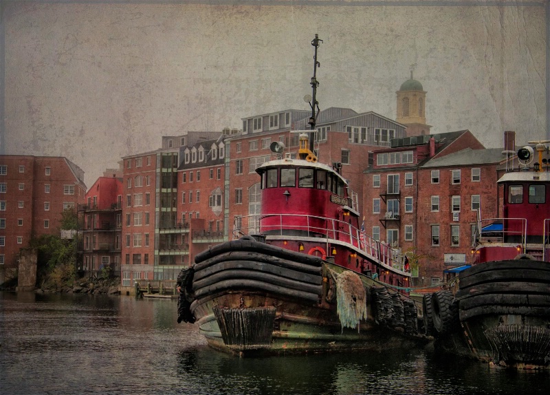 Tugs in Portsmouth, NH on a grey day