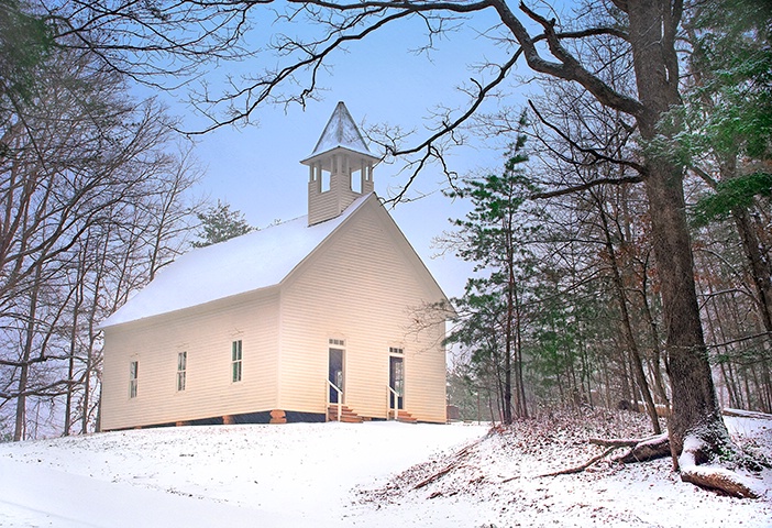 Cades Cove Methodist Church, snow 2