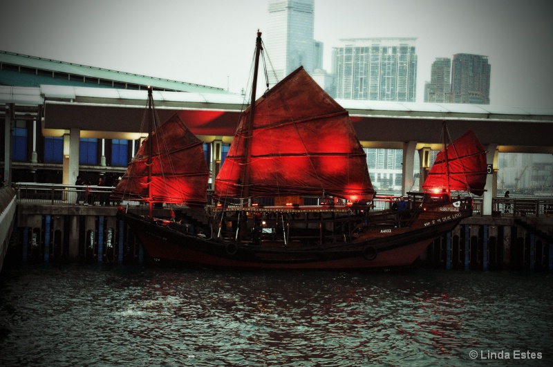 Red-Sailed Junk in Victoria Harbour