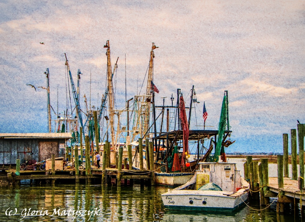 Charleston fishing boats.  Texture overlay.