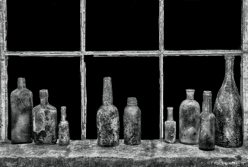 Bottles on Window Sill - Black & White