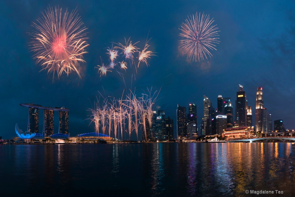 Panorama of Singapore Skyline with Fireworks