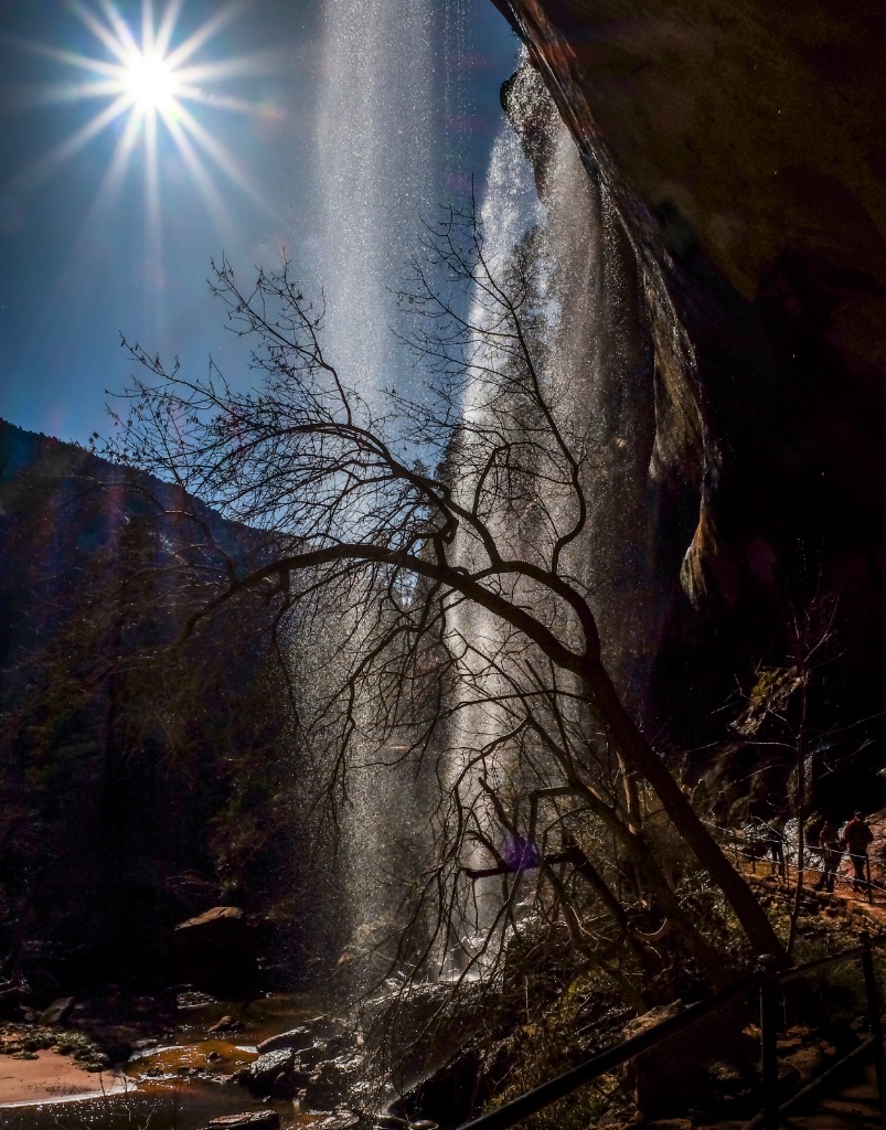 behind the glistening falls 