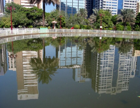 Reflection of buildings on the water.
