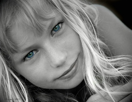Blond hair, blue eyes
