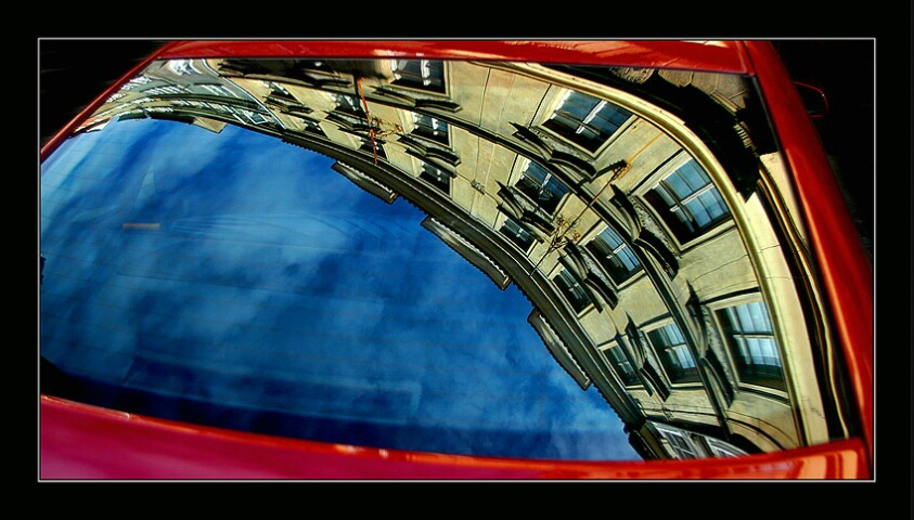 Red AUDI or PRAGUE in reflections