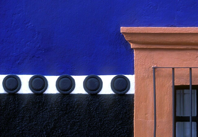 Red Window, Blue Wall, Black Dots