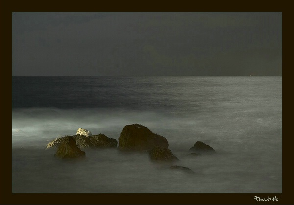 Night seascape with moonlight stone