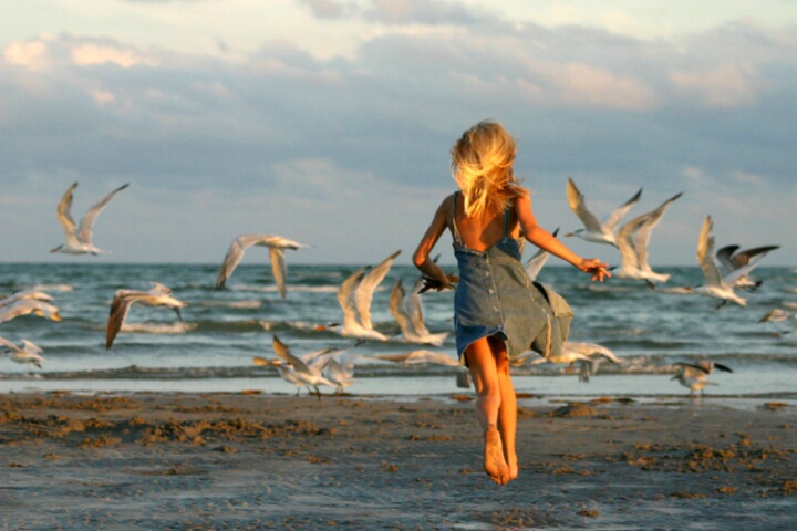 girl chasing seagulls