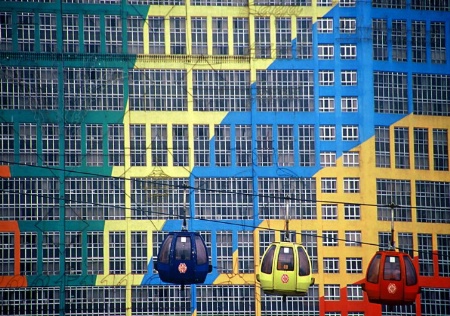 Blue, Yellow and Red Cable Cars