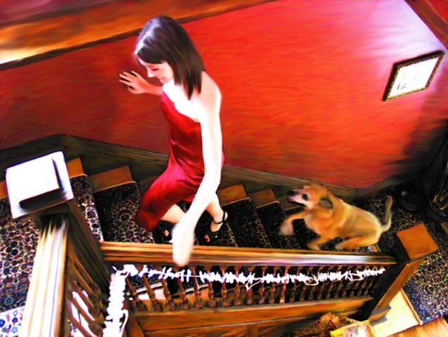  red dress ascending stairs with dog