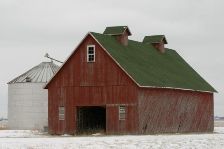 Red Barn with Silo in Snow