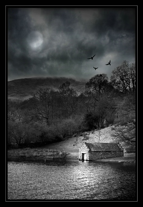 Moonlit boathouse