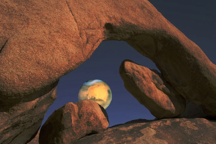 Arch Rock at Joshua tree with Mars imported