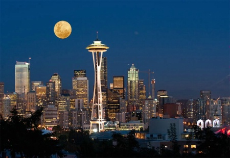 Moon rising over Seattle