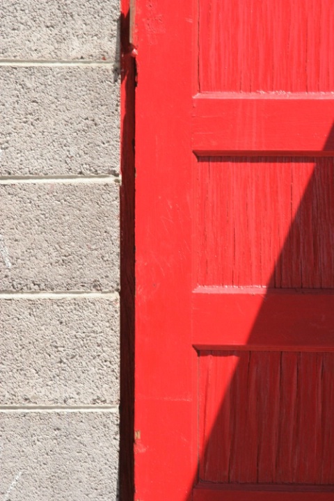 Red door & cinder block in alley, Aurora CO