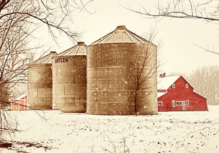 Family farm in snow