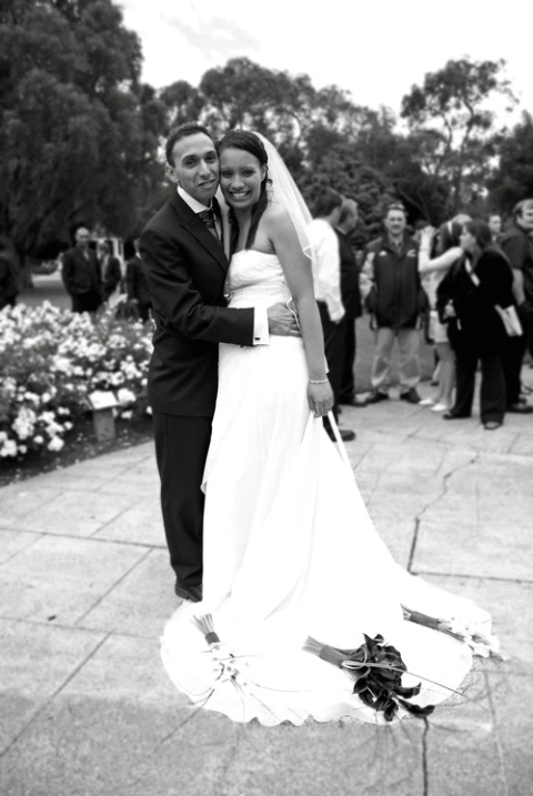 Bride and groom full length - black and white